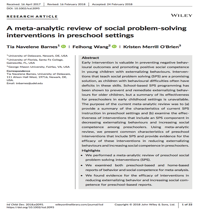 A meta-analytic review of social problem-solving interventions in preschool settings