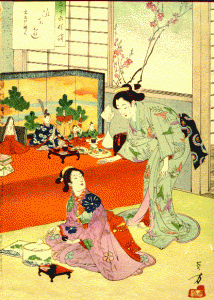 Woodblock showing a hina-dan, with mother and daughter planning the celebration. The display has several miscellaneous tachibina and dairi bina pairs, rather than one pair and attendants.  Mizuno Toshikata, ca.1900