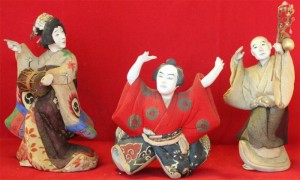 Three kimekomi dolls representing roles in kabuki plays.