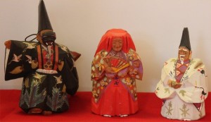 These small carved and painted wooden dolls represent roles in the Noh theater, an aristocratic and spiritual entertainment.